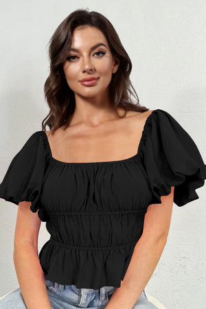 black square neck balloon sleeve cropped blouse