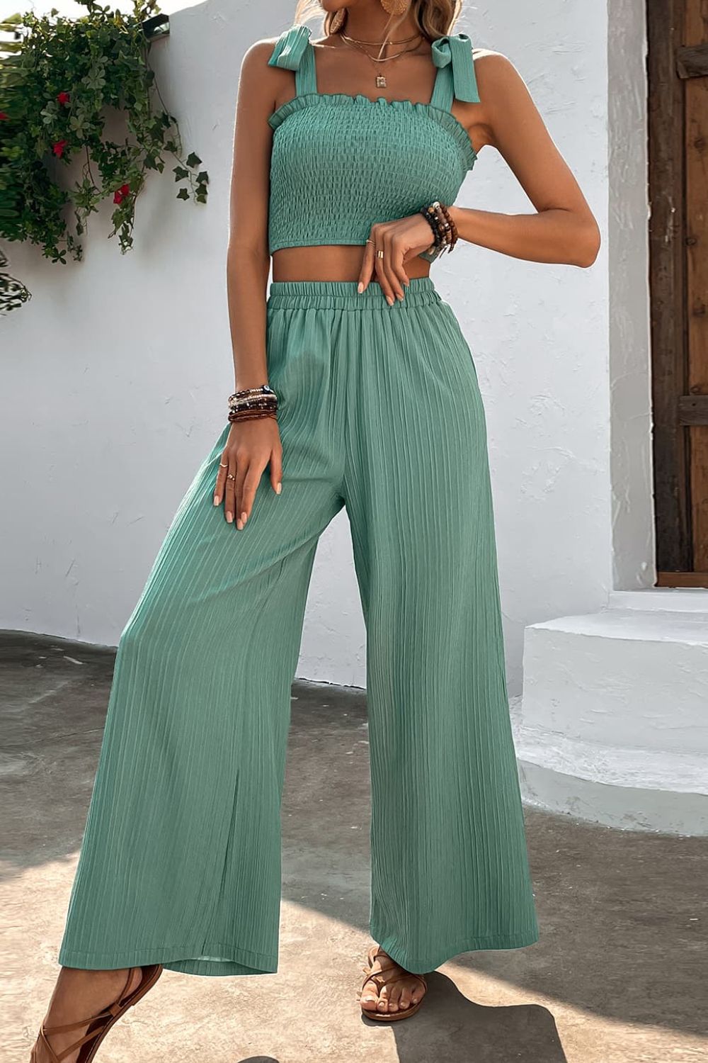 Liza Liza Tie Shoulder Smocked Crop Top and Wide Leg Pants Set