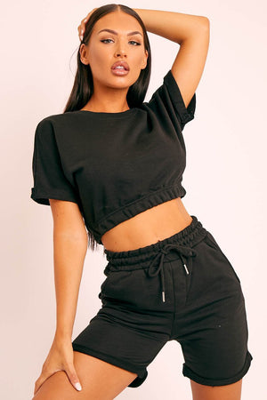 Short sleeve cropped top and drawstring shorts 2PC set in Black