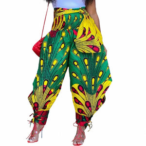 High elastic waist graphic feather print harem pants multicolor