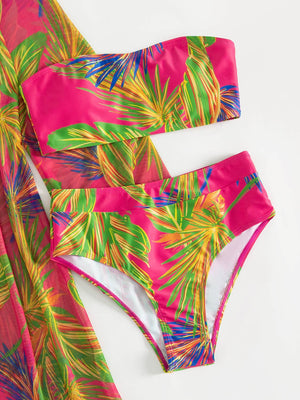 3-piece botanical print multicolor bikini swimsuit set with tube top and high waisted bottoms