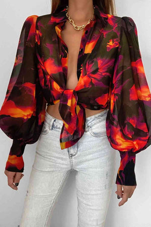 Miami Sheer Flower Print Lantern Sleeve Shirt