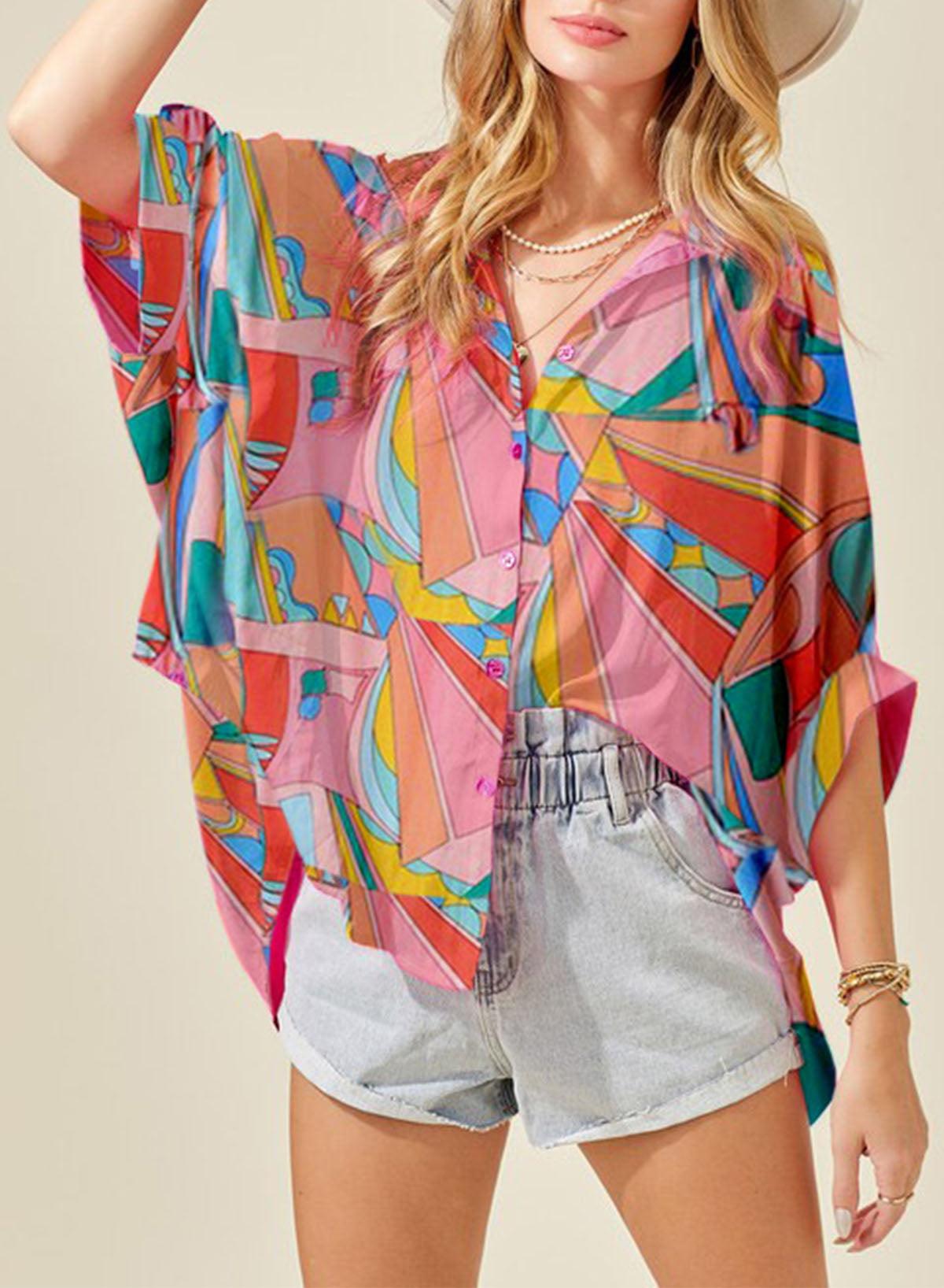 oversized abstract print button down shirt multicolor