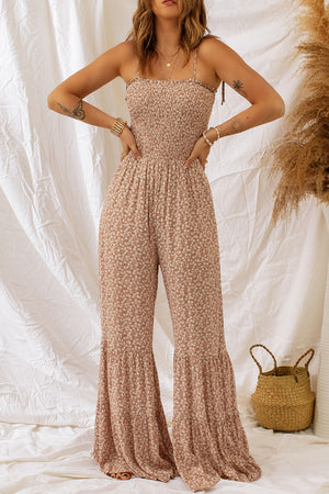 Tan Sleeveless floral smocked wide leg jumpsuit 