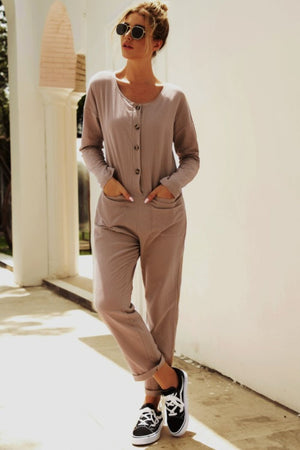 Just Running Out Buttoned Drop Shoulder Pocket Jumpsuit