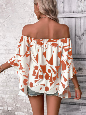 Geo print off-shoulder bell sleeve blouse in white and brown