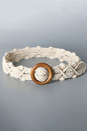 Braided Belt trimmed with small natural seashells and Wood Buckle