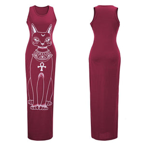 Red midi dress with white full length image of Bastet on front, sleeveless, fitted, pockets.  Backside solid red color.