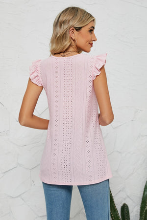 Pale Pink Smocked Round Neck Eyelet Top with flutter cap sleeves