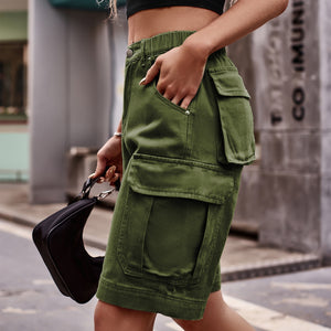 Women's flap pocket cargo button front Bermuda shorts in army green