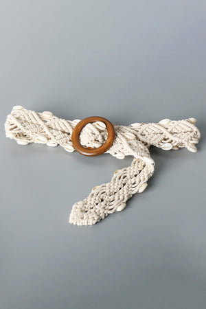 Braided Belt trimmed with small natural seashells and Wood Buckle