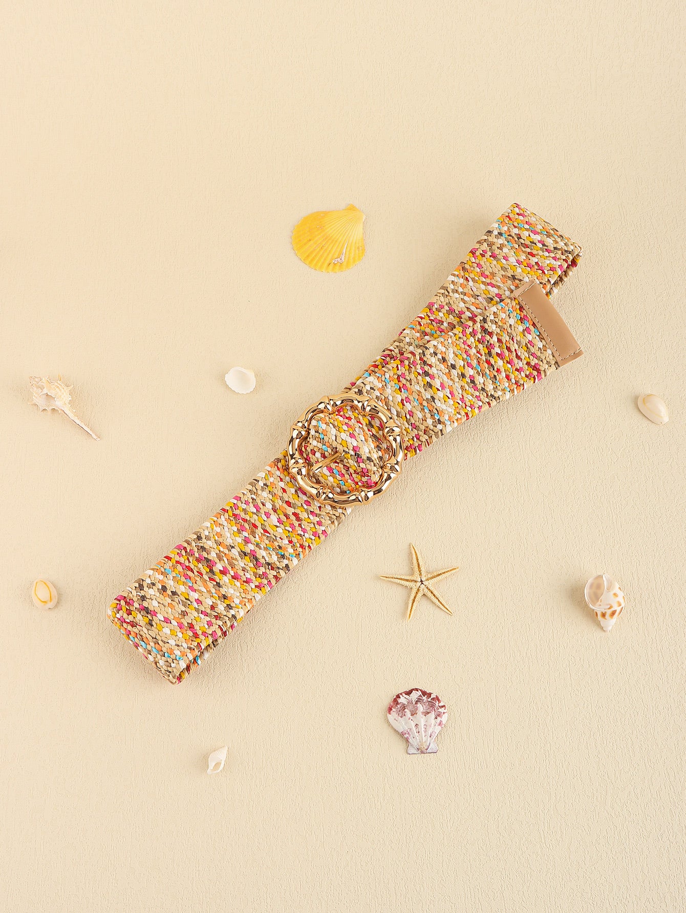 Multicolored woven wide belt with round buckle
