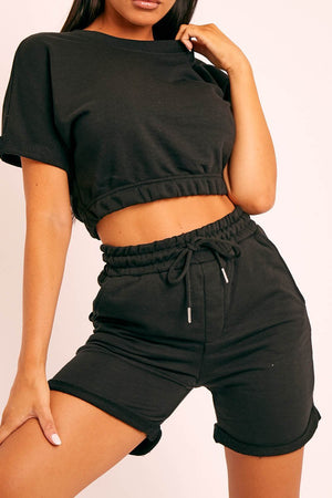Short sleeve cropped top and drawstring shorts 2PC set in Black