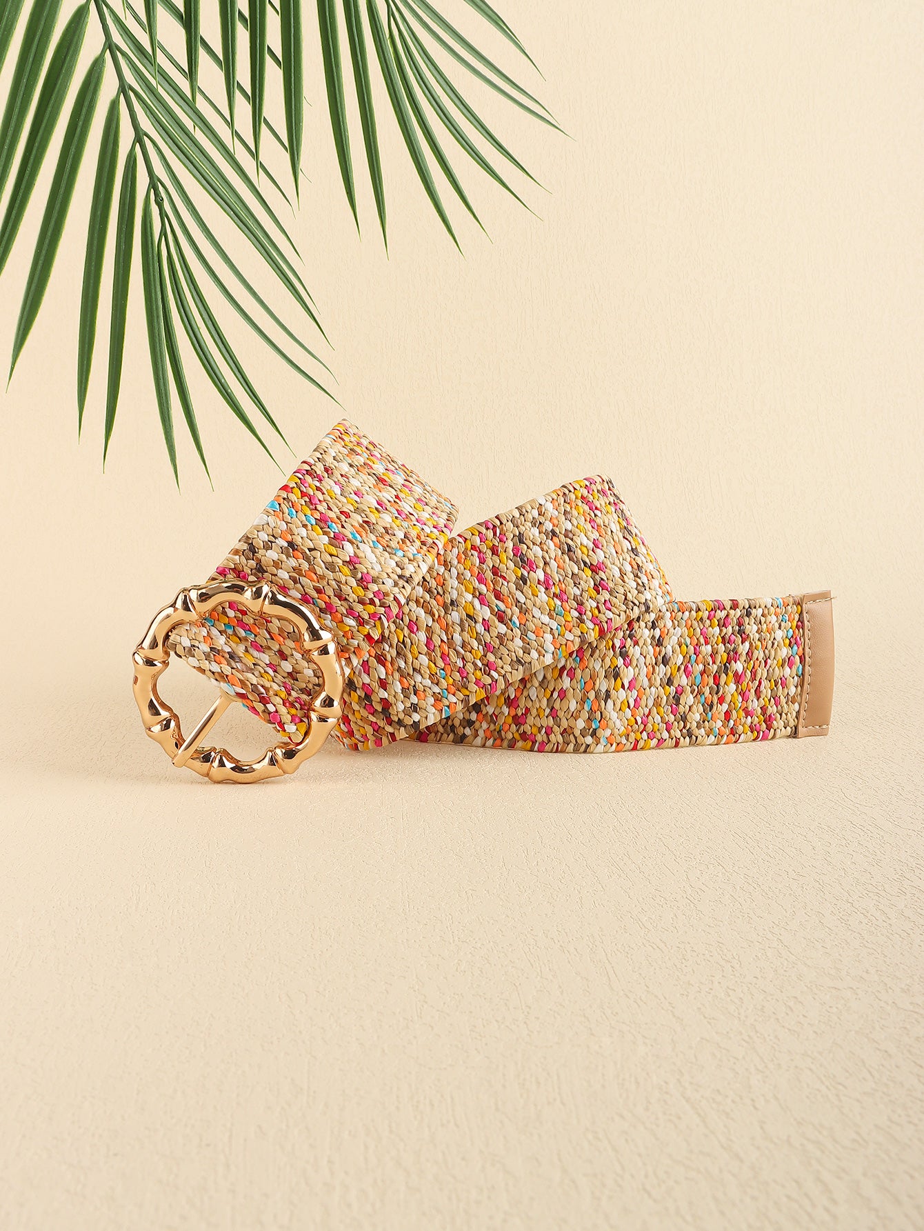 Multicolored woven wide belt with round buckle