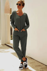Just Running Out Buttoned Drop Shoulder Pocket Jumpsuit