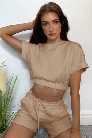 Short sleeve cropped top and drawstring shorts 2PC set in Tan
