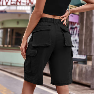 Women's flap pocket cargo button front Bermuda shorts in black
