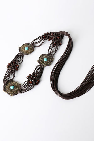 Bohemian Style Braid Belt in chocolate with wooden beads, alloy imitation gemstones. 
