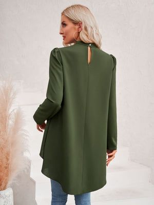 long puff sleeve high-low mock neck blouse army green