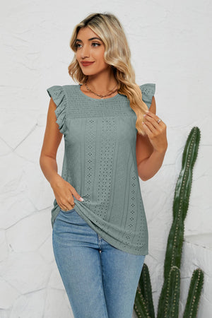 Sage Green Smocked Round Neck Eyelet Top with flutter cap sleeves