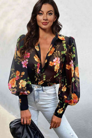 Miami Sheer Flower Print Lantern Sleeve Shirt