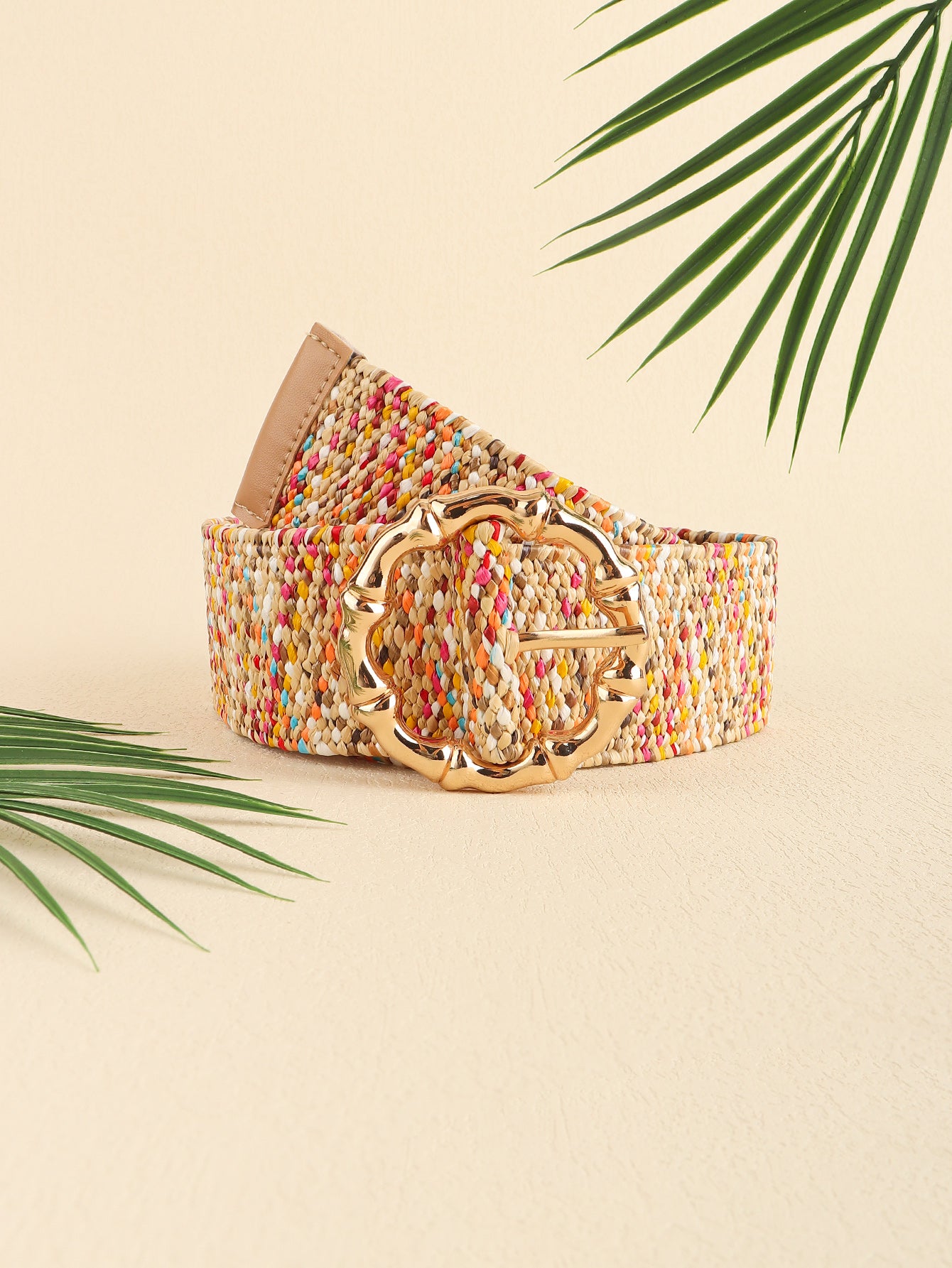 Multicolored woven wide belt with round buckle