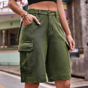 Women's flap pocket cargo button front Bermuda shorts in army green