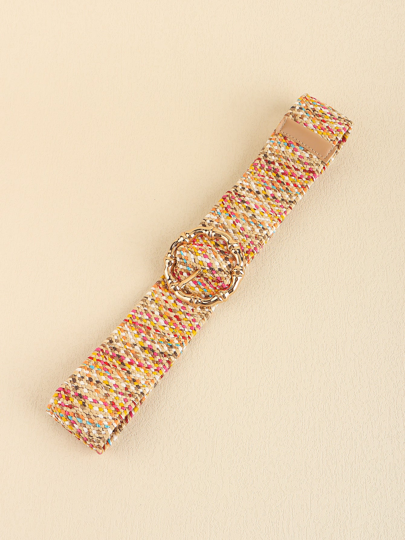 Multicolored woven wide belt with round buckle