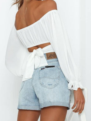 Sweetheart neck off-shoulder flounce sleeve tie back cropped blouse in White