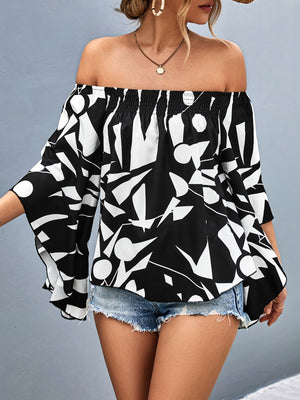 Geo print off-shoulder bell sleeve blouse in black and white