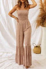 Tan Sleeveless floral smocked wide leg jumpsuit 