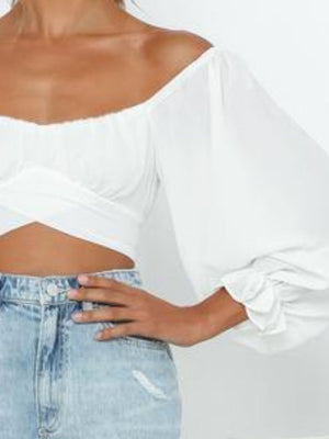 Sweetheart neck off-shoulder flounce sleeve tie back cropped blouse in White