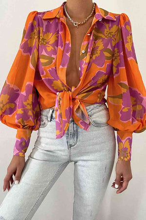 Miami Sheer Flower Print Lantern Sleeve Shirt