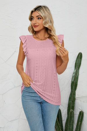 Mauve Smocked Round Neck Eyelet Top with flutter cap sleeves