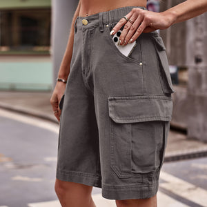 Women's flap pocket cargo button front Bermuda shorts in gray