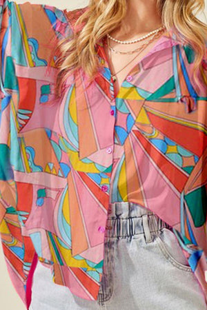 oversized abstract print button down shirt multicolor