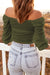 Green  drawstring front detail off shoulder crop top with flounce sleeves 