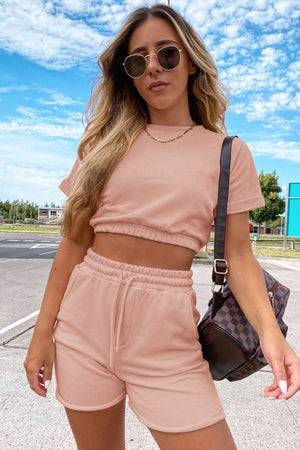 Short sleeve cropped top and drawstring shorts 2PC set in Pink