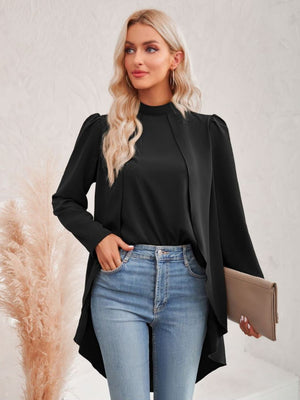 long puff sleeve high-low mock neck blouse black