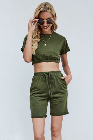 Army Green Cropped Tee and Drawstring waist short set