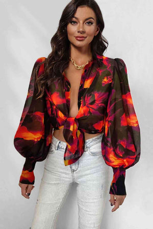 Miami Sheer Flower Print Lantern Sleeve Shirt