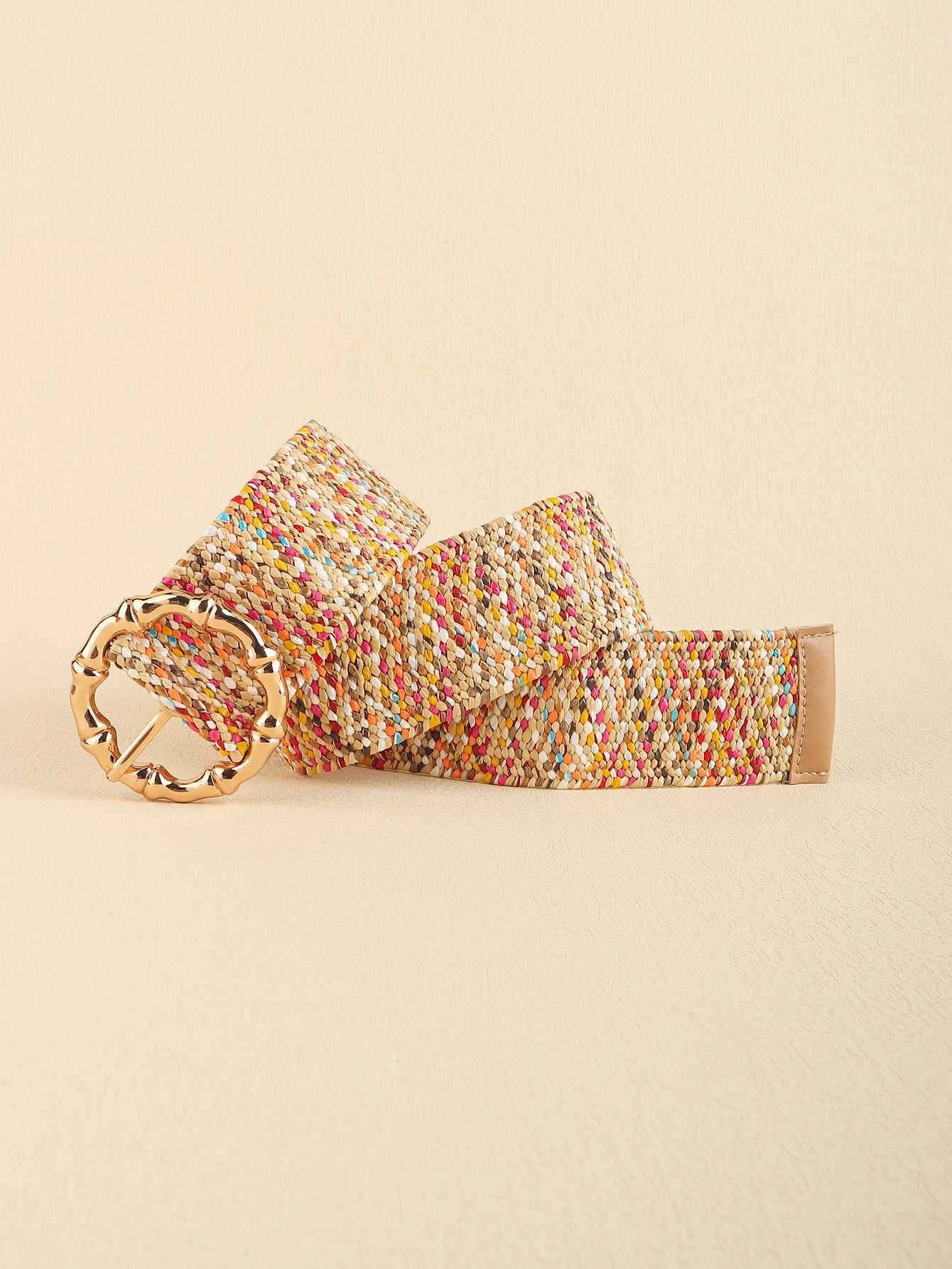Multicolored woven wide belt with round buckle