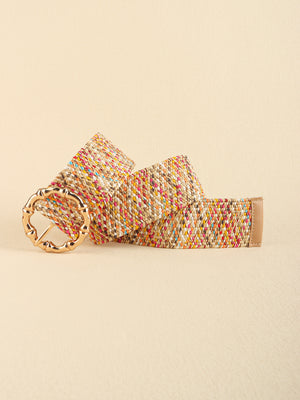 Multicolored woven wide belt with round buckle