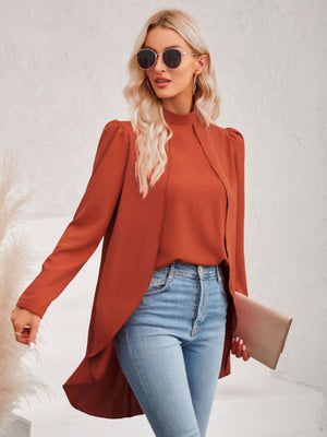 long puff sleeve high-low mock neck blouse brick red