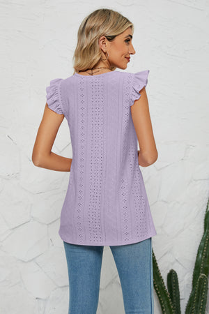 Lavender Smocked Round Neck Eyelet Top with flutter cap sleeves