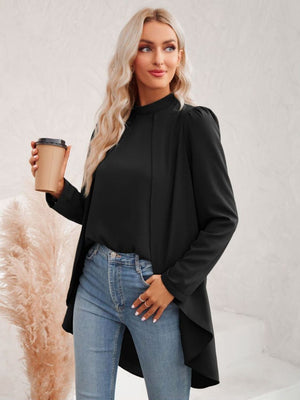 long puff sleeve high-low mock neck blouse black