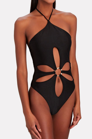 Halter neck flower ring detail cutout One-Piece Swimsuit in Black