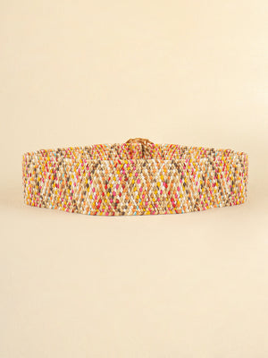 Multicolored woven wide belt with round buckle