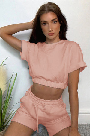 Short sleeve cropped top and drawstring shorts 2PC set in Pink