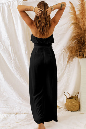 Black ruffled strapless wide leg jumpsuit with tie waist